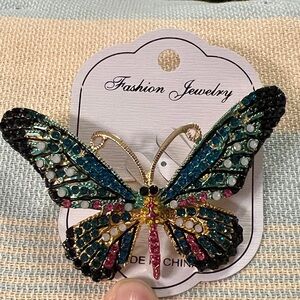 3/$18 Fashion Jewelry Multicolor Crystal Butterfly Brooch - Blue & Pink Lot 6004